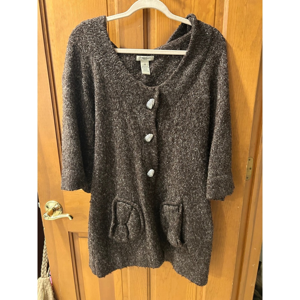 Vertigo Paris Womens Brown Marled Hooded Cardigan Sweater Bow Pockets Size M